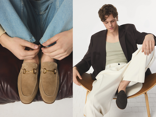 Two images: one shows a close-up of a man sitting on a brown couch wearing blue jeans and brown suede loafers with gold hardware; the other shows a man seated on a wooden chair wearing a black blazer, white pants, and black loafers.