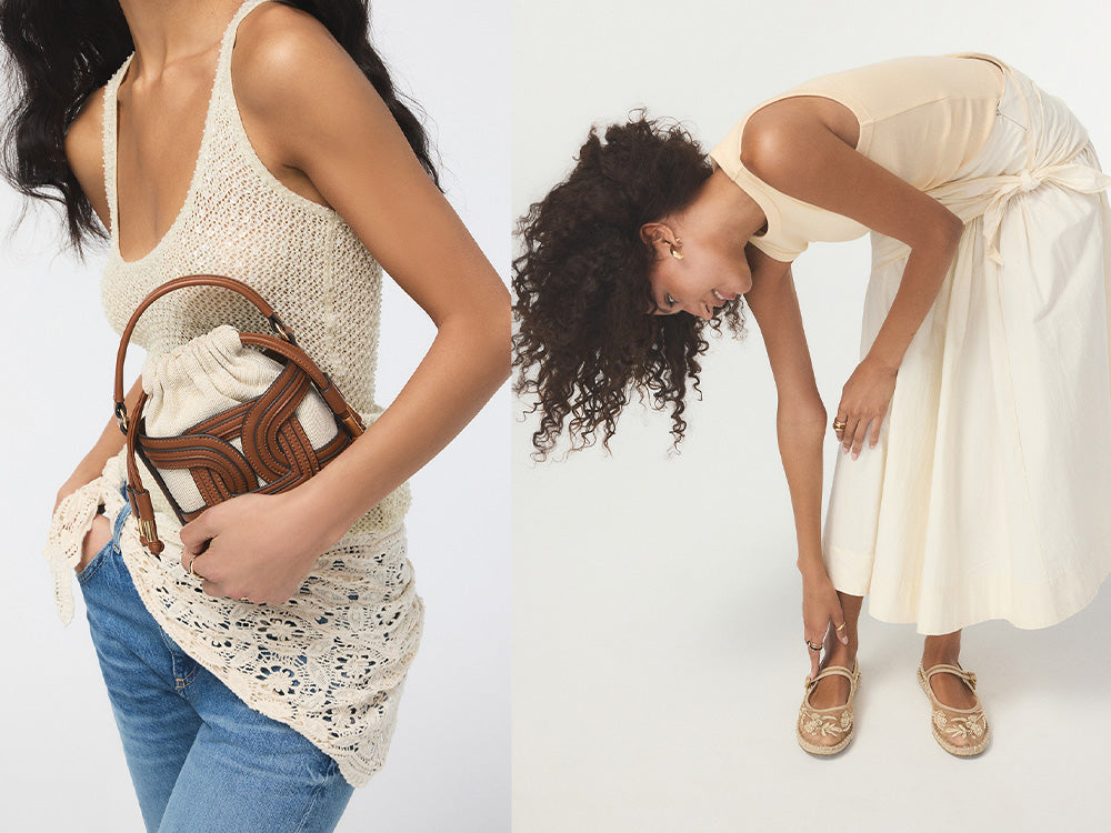 Two women are shown together: one wears a crochet top with jeans and holds a brown-and-white handbag, while the other wears a white dress with textured flats.