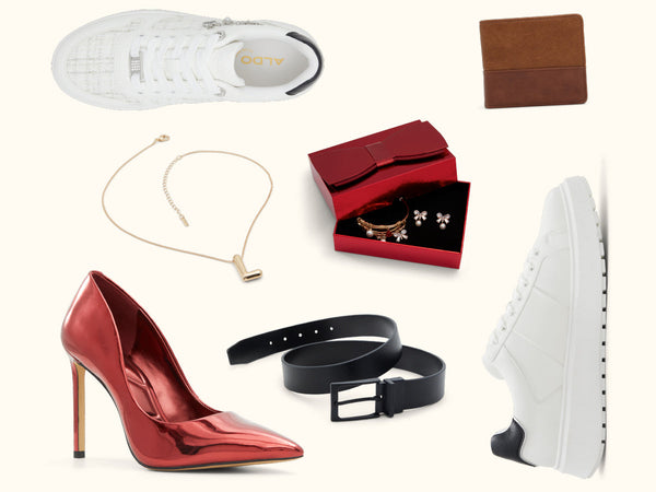 A collage of gift items featuring a red metallic heel, two white sneakers, a wallet, jewelry, a black belt, and a gold necklace.