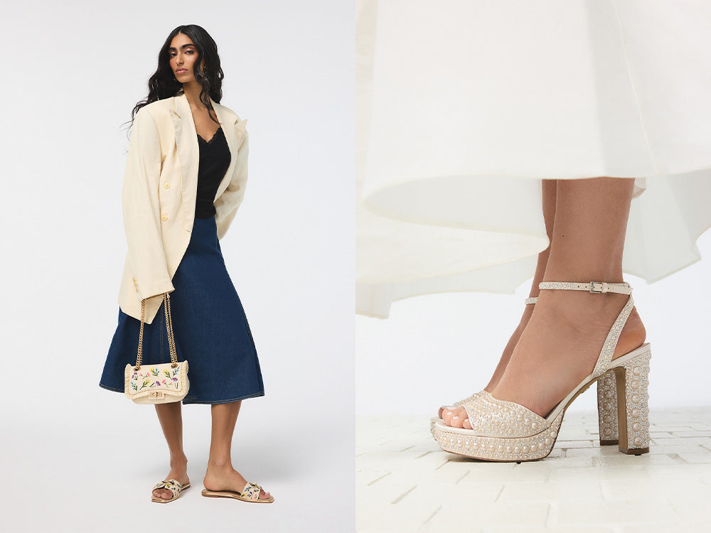 Two images: one shows a woman wearing a beige blazer and blue skirt, holding a textured handbag and wearing flat sandals; the other is a close-up of a woman in a white long dress wearing platform beaded heels.